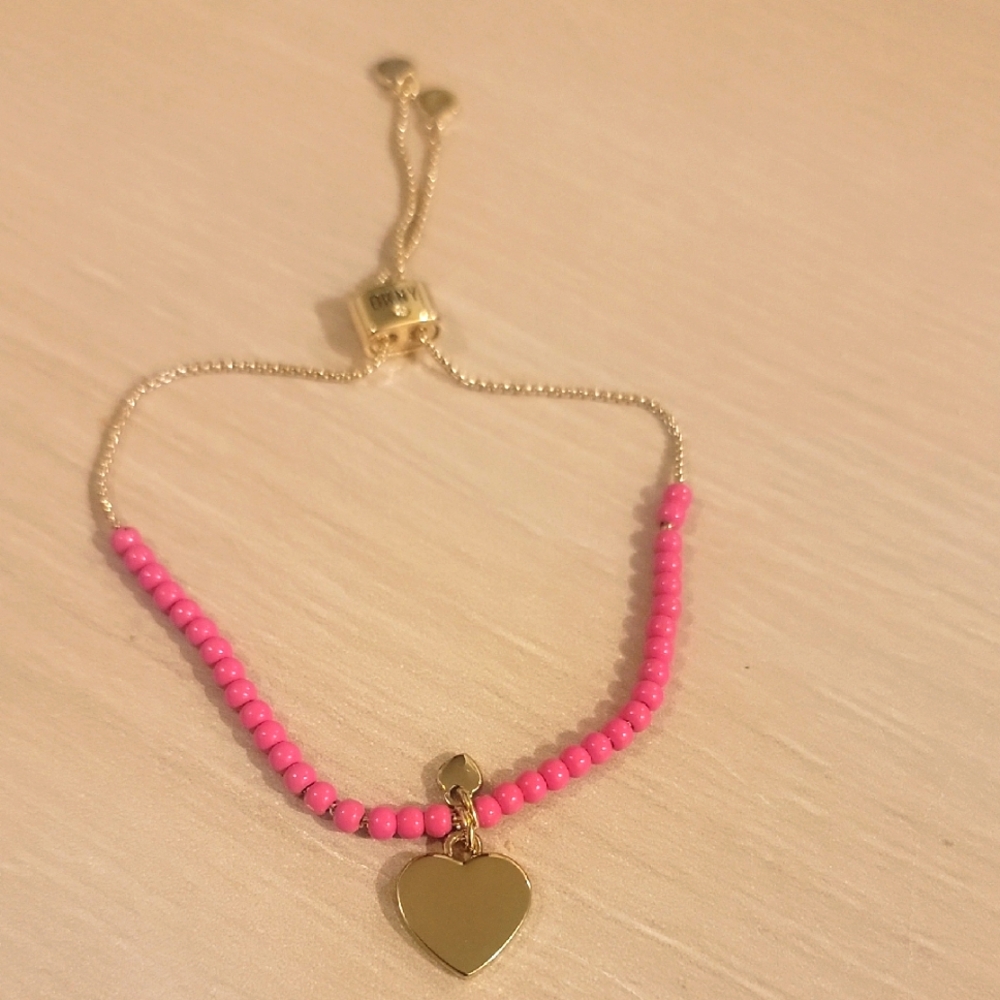DKNY Gold-Tone Pave' Pink Heart Charm Beaded Bracelet
